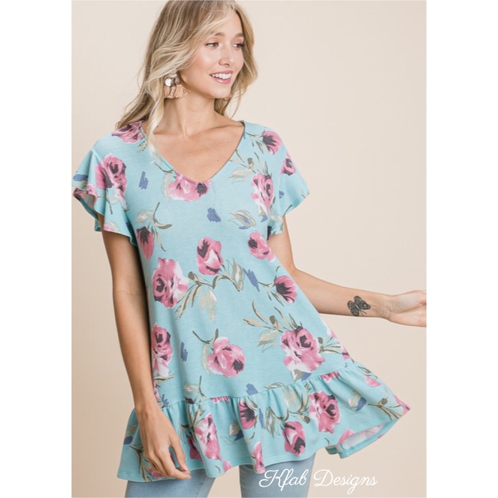 LAST 1! V Neck French Terry Ruffle Floral Top - Picture 5 of 8